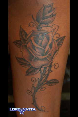 Rose tattoo on back of thigh done by Lord Yatta