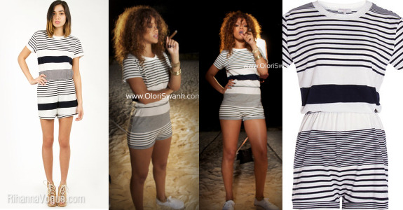 Ri paid a visit to her tour opener J.Cole and Trey Songz at their video shoot in Barbados. During this cameo she wore a striped romper by Opening Ceremony (currently sold out so make sure to check out their similar styles). She styled the look with House of Harlow 1960 Feather Cuff and VansClassic Leather Era Sneakers.