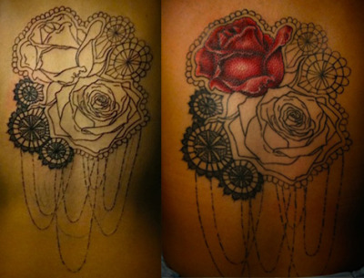 My 2nd tattoo almost done. I love roses and lace. Done by Joy Rumore of Twelve28 in Williamsburg. 