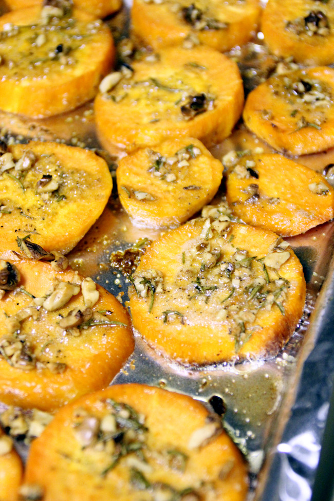 sweet potatoes with olive oil, garlic, rosemary, and walnuts