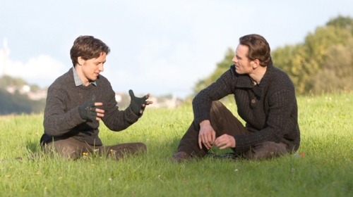 I believe this is a behind the scenes shot of James Mcavoy and Michael 