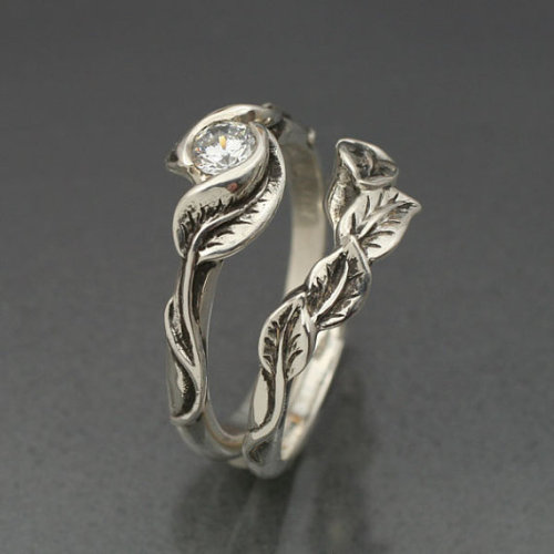 WEDDING RING SET Delicate Leaf Engagement ring with matching Wedding Band