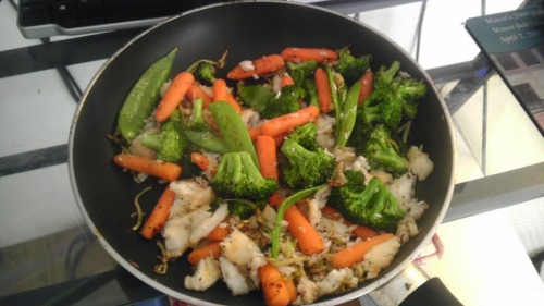 Week 1 Day 8: Lunch! Tilapia stir fry with carrots, sprouts, broccoli, and snap peas.