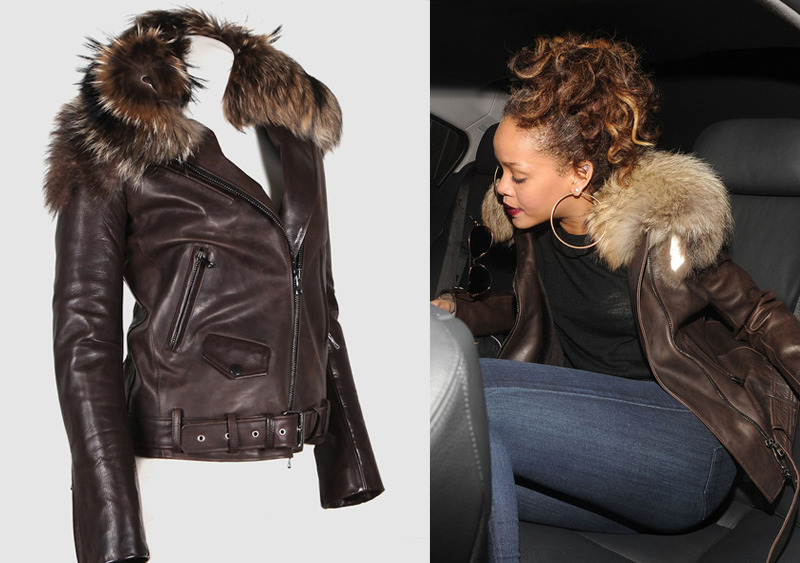 Rihanna was seen leaving a club in London, England wearing a Balmain Brown Leather Fur Collar Jacket (approx. $10,359) from the Fall/Winter 2011 Collection. 