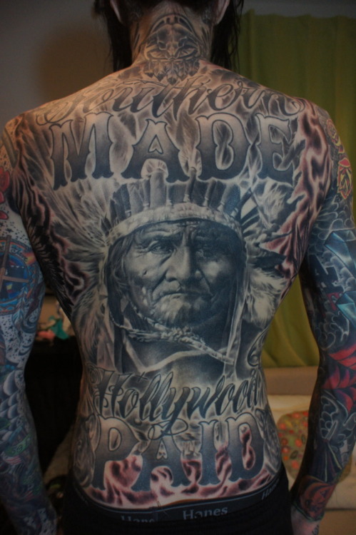 Been trying to get a better quality picture of my back tattoo on here for a while. Well here you go! This one is pretty good. This was right after I got it finished! SOUTHERN MADE HOLLYWOOD PAID for life.