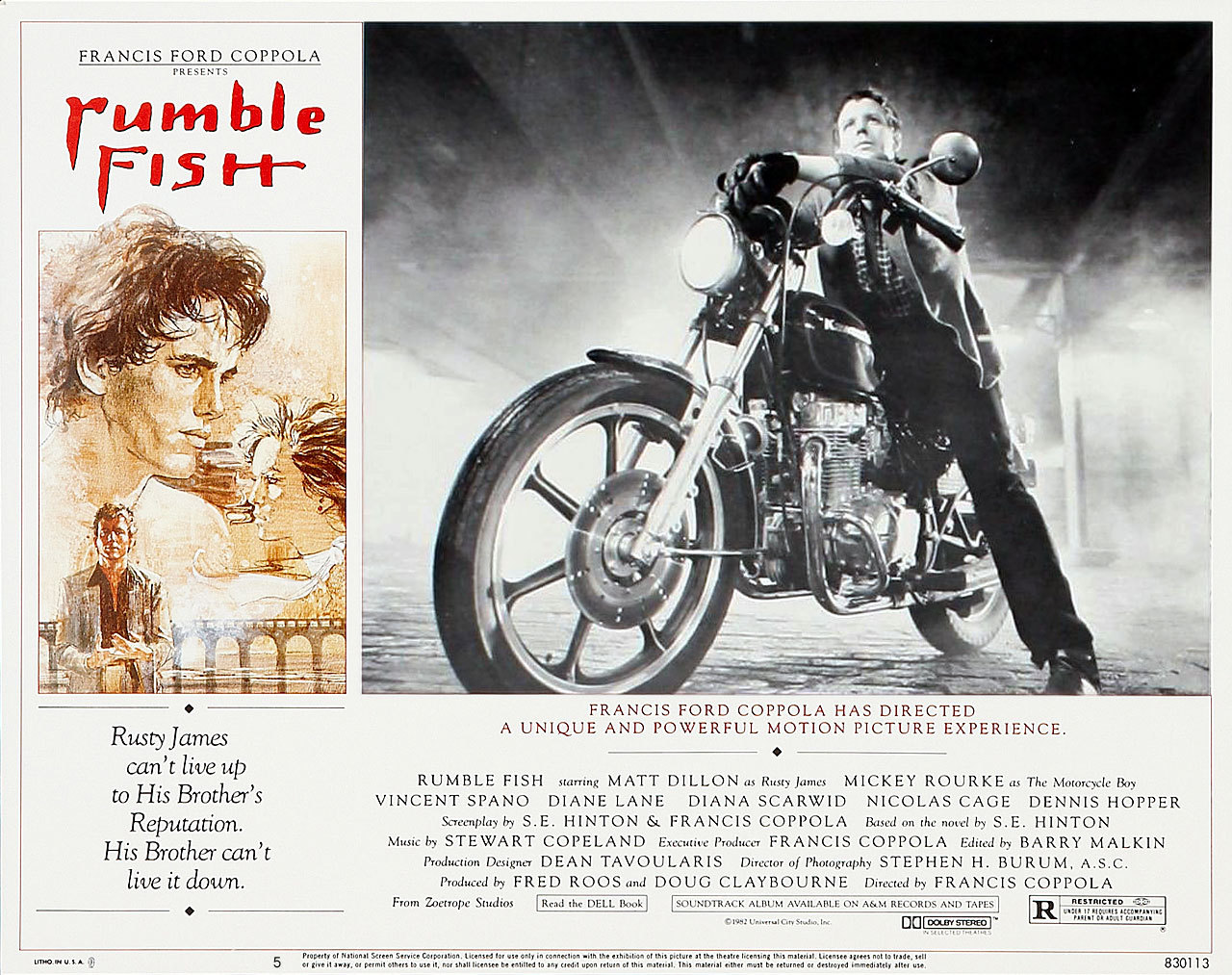 Rumble Fish, US lobby card. 1983
“What’s this? Another glorious battle for the kingdom?” -The Motocycle Boy.