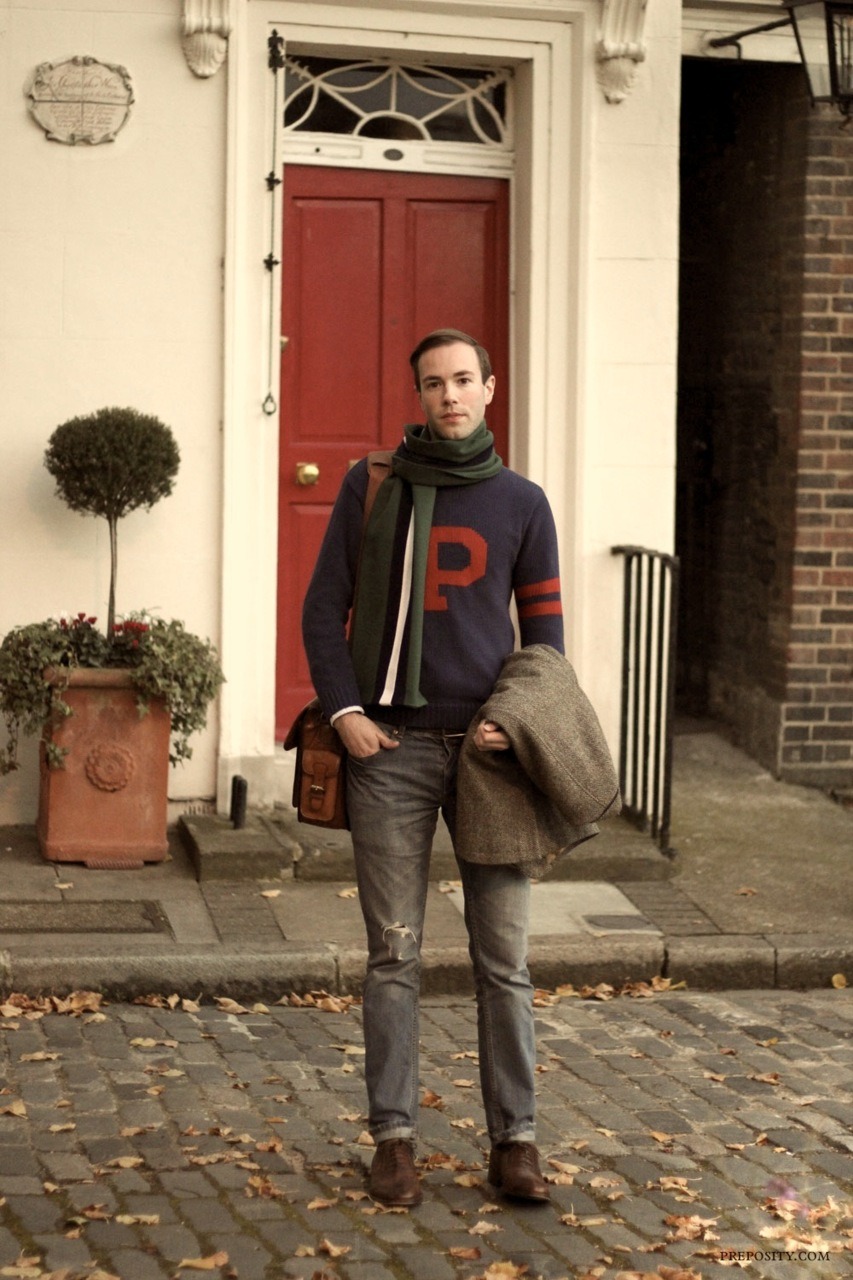 preposity:

Autumn in London – Vintage Ralph Lauren P sweater, collegiate scarf, Harris Tweed blazer.
