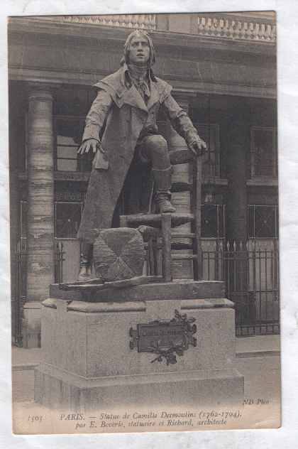 Vintage image of a statue of Camille Desmoulins that no longer exists in Paris (it was destroyed in 1942). It commemorated his role in inciting the mob that later stormed the Bastille prison.