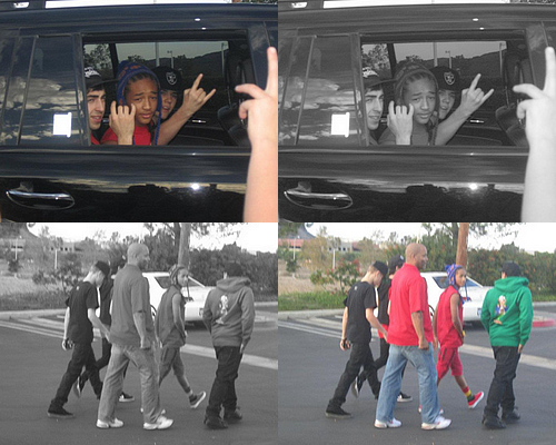 justin hanging out with jaden and friends. 