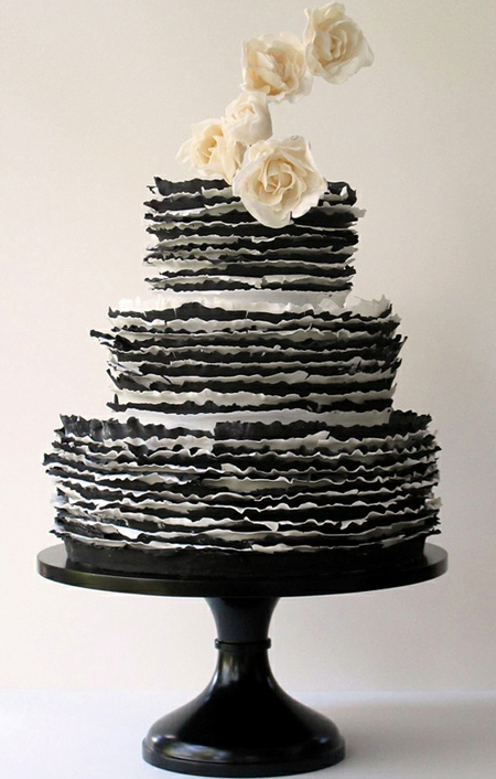 Charming black + white ruffle wedding cake