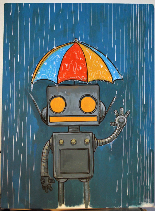 A robot in the rain
