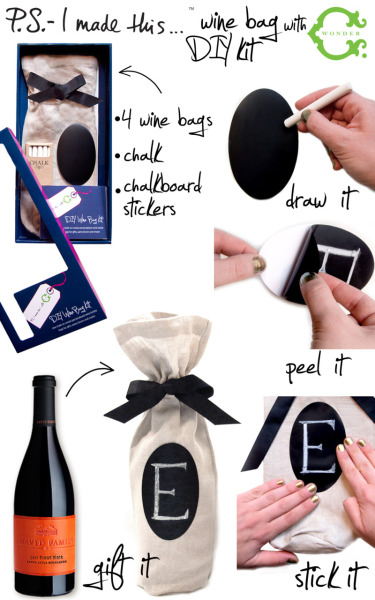 
This season, give the gift of DIY with our Limited Edition WINE BAG KIT.  We partnered up with C.Wonder for a fun and festive Limited Edition DIY collaboration.  Be sure to check out the COCKTAIL PARTY KIT & STATIONERY KIT for other crafty and uber cool gifts for friends and family.  Oh, and P.S.-  it’s totally okay to gift yourself too!
Use chalk to create personalized wine bottle bags for gifts, party favors and more!  Write,  doodle, or draw on the chalkboard labels. Create special personal  messages or monograms!  Peel off the decorated “chalkboard” label and  adhere to the center of the bag.  Slip in your favorite bottle of wine or  sparkling lemonade and tie a festive bow.  P.S.- use a slightly damp  paper towel to wipe the chalk label dry and begin designing again. 

 
CHECK OUT ERICA’S HOLIDAY HOW-TO VIDEO HERE!