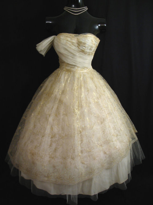 bridalfrocks Vintage 50s strapless ivory and gold tulle wedding dress 