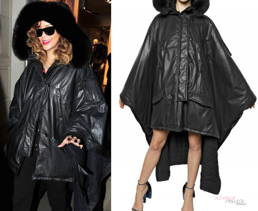 Keeping herself warm from the freezing weather of London Rihanna was spotted yesterday doing some shopping in Armarni, Bond Street. Seen wearing a fox fur hooded leather cape jacket by designer Alexander Wang.