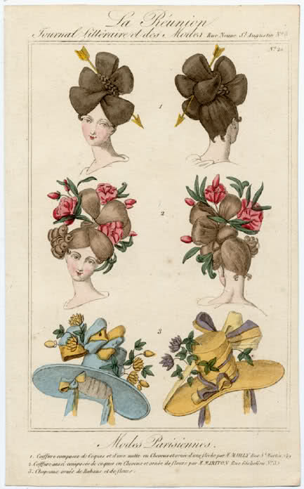 hatsfromhistory:

La Reunion, 1827.
Another example of one of my favorite accessories: the hairstyle (and hat) piercing arrow!
(And I’ll say it again:  WHAT IS UP WITCHOO LATE-1820s-HAIR?)

The girl on top appears to have had a close encounter with an arrow.  Good thing her massive hair stopped it and saved the day.