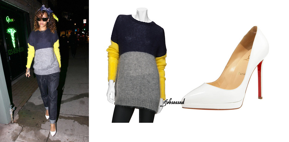 Rihanna was spotted in Los Angeles arriving at a tattoo parlor. For the occasion, she rocked a $435 Joseph Colorblock Mohair Blend Sweater and $775 Christian Louboutin Pigalle Patent Pumps.