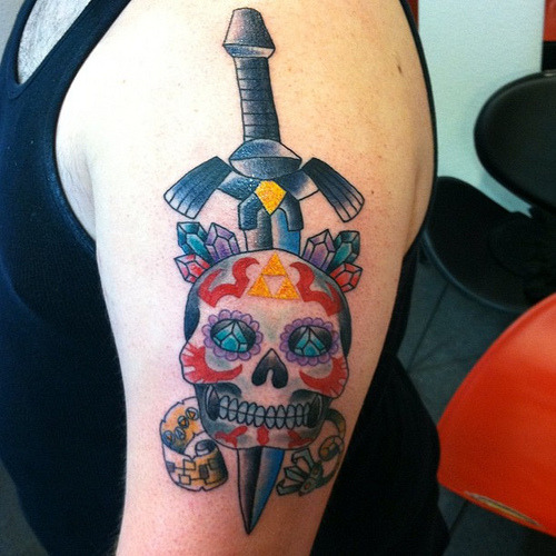 A Little Bit On The Tattooed Side Zelda themed sugar skull tattoo complete