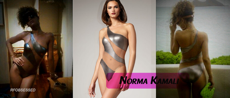 Rihanna took to her twitter page by tweeting two pictures of her $350  Norma Kamali metallic one shoulder swimsuit. 