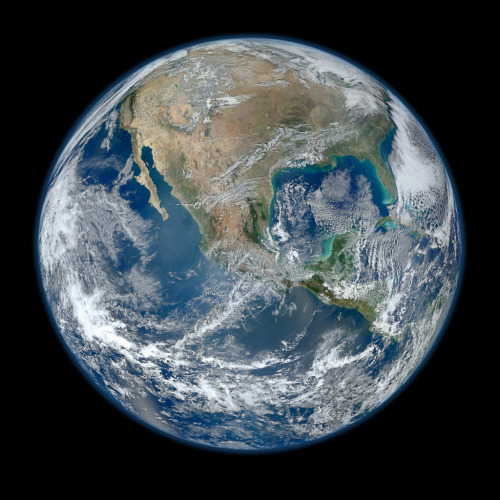 view in 8000×8000px
A ‘Blue Marble’ image of the Earth taken from the VIIRS instrument aboard NASA’s most recently launched Earth-observing satellite - Suomi NPP. This composite image uses a number of swaths of the Earth’s surface taken on January 4, 2012. Suomi NPP is NASA’s next Earth-observing research satellite. It is the first of a new generation of satellites that will observe many facets of our changing Earth.
via sirmitchell