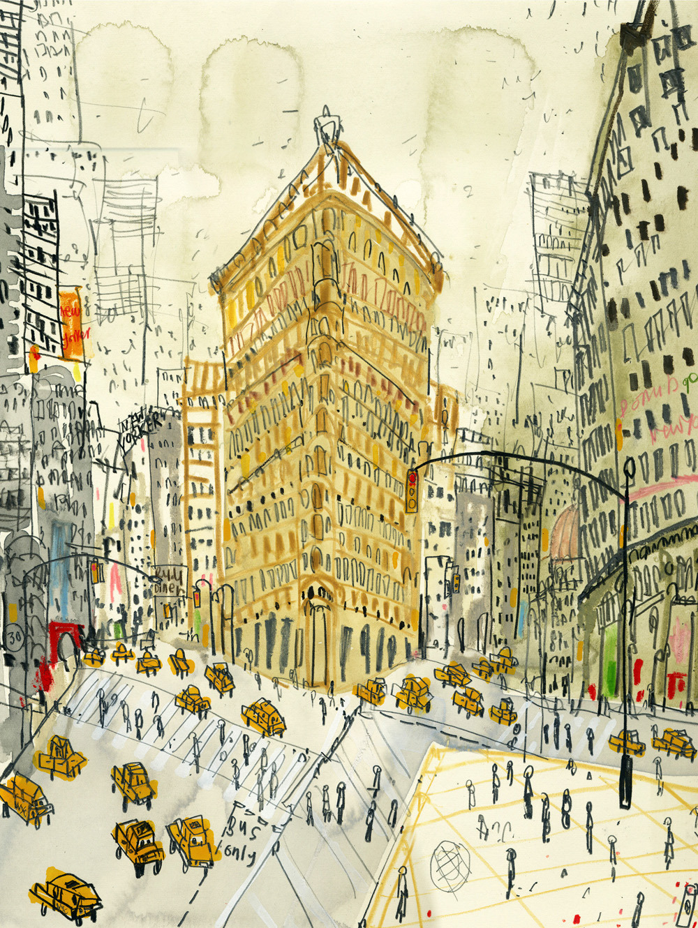 findlight:

Clare Caulfield, Flatiron Building, New York (hand-painted screenprint)
