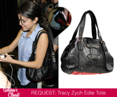 We got a request for the Black leather handbag Selena wore in the We Own The Night: Teen Choice Awards video and is often wearing in candid photos. It&#8217;s a Tracy Zych Edie Tote and is currently on sale for $495. Check it out HERE.