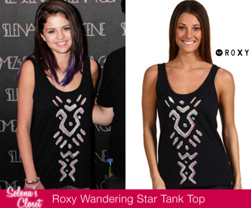 Selena was snapped wearing this Roxy Wandering Star Tank top at her Meet &amp; Greet in Lima, Peru. You&#8217;re in luck because this top is on sale for $14.99 on 6pm.com. Buy it HERE
International ladies: Unfortunately we couldn&#8217;t find this top in black for you but we found it in white:
1. Size Small on Ebay- $8.99. Get it here
2. Size M-L on Up&amp;Riding- $22.75. Get it here
3. Size Large on Roxy- $13.65. Get it here