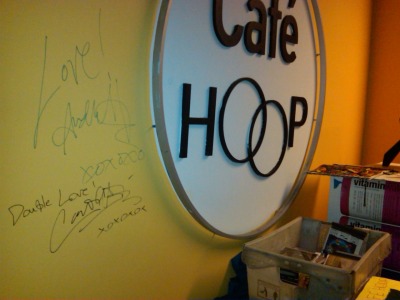 Spot where I signed next to my buddy Andrea Gibson on the wall of the Hoop Cafe&#8230;and also ate the most incredible plate of vegan nachos hanging with my new friends at Wellesley.
(Wellesley, MA)