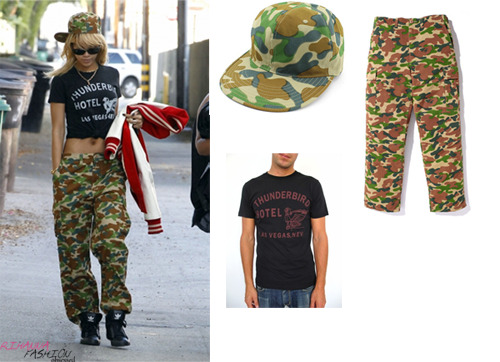 Rihanna spotted leaving a recording studio in LA wearing Bathing Ape puzzle camo cap, Puzzle Camo 6 Pocket Pant also by Bathing Ape, a Thunderbird Hotel tee and a pair of Adidas.
like this look?
