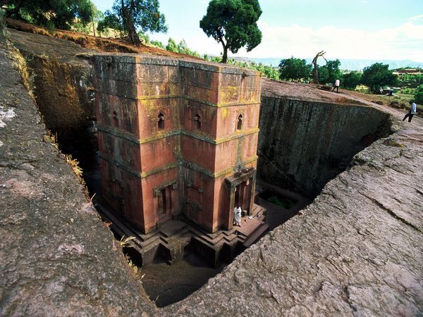 
Lalibela Church, Ethiopia
The town of Lalibela in northern Ethiopia is renowned for 12 Christian churches that were hewed out of solid stone some 800 years ago. The most stunning is Bieta Giyorgis, shown here, a massive monolith 40 feet (12 meters) tall, intricately carved and shaped like a cross.
