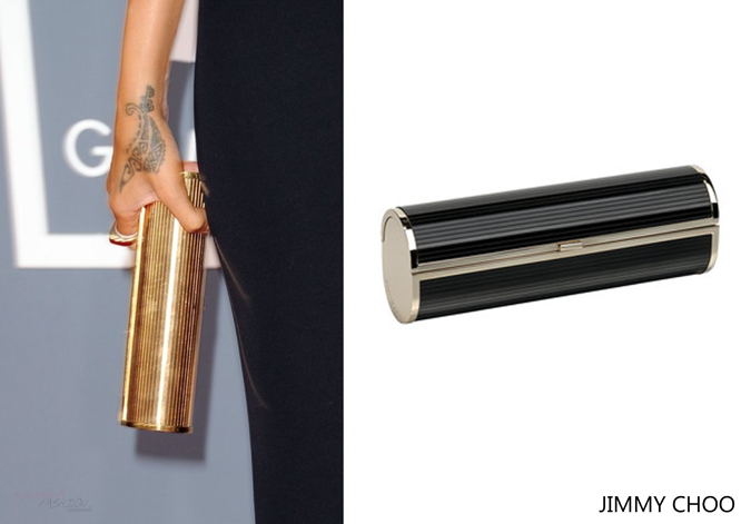 Rihanna attending the Grammy awards on Sunday accessorising  with a gold Jimmy Choo metalic cosma clutch.
