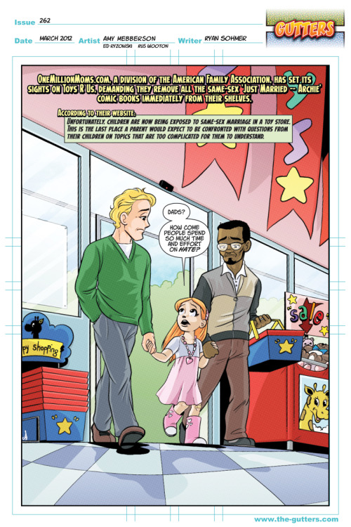 Comic book cover:  Little girl leaving store with her two dads asking, 