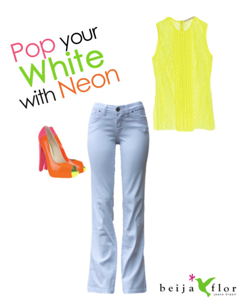TREND ALERT: NEON BRIGHTS
We are constantly looking for ways to style our great jeans, and we couldn&#8217;t resist this latest trend seen on runways across the world!  Look how our Judy jean pops against this Christopher Kane lace top and Brian Atwood Alima patent-leather pumps. There is no doubt the power neon has in color popping :)