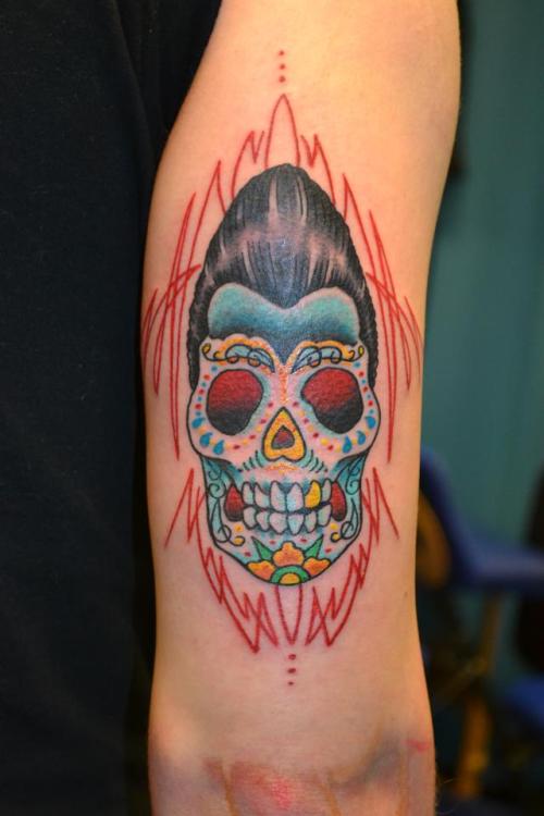 Sugar Skull Rockabilly with Pinstriping by Kenny at Forevermore Tattoo 