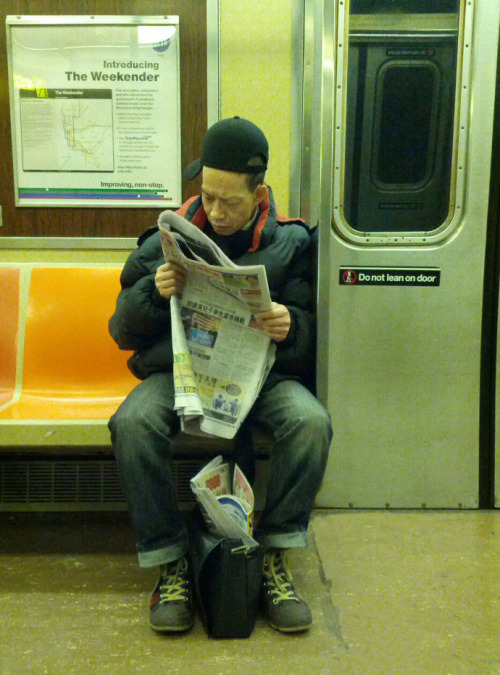 The submitter of this photo swears that the following story is 100% true. No posse was hidden in the car with their discreet video cameras and slow-smirks blazing, but maybe this was a masterpiece of NYC subway performance art all the same:

&#8220;When I ride the R train I like to beatbox. If I hold my hand out sometimes people give me money, other times I get dap from the youngsters (it&#8217;s a sign of respect apparently), but most of the time people try to ignore me as I remind them that even after all these years It&#8217;s (still) All About The Benjamins. 


This day was different. On this day my musical stylings were matched by this lyrical genius. He tilted his hat, folded his newspaper and proceeded to be the Fresh Prince to my Jazzy Jeff. We held the train under the spell of our call-and-response. We channeled the greats from an almost forgotten era&#8230;Pete Rock &amp; CL Smooth, Premier &amp; Guru (RIP), Eric B. &amp; Rakim. For a brief moment, time stopped. We were a two-man revolution. There were no contenders. We never spoke again.&#8221;

- Khris Pants
