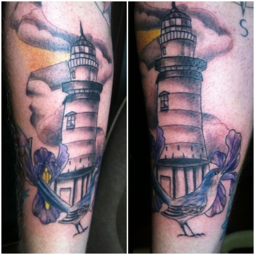 Lighthouse Mockingbird Iris tattoo gotta clean up some of the lines