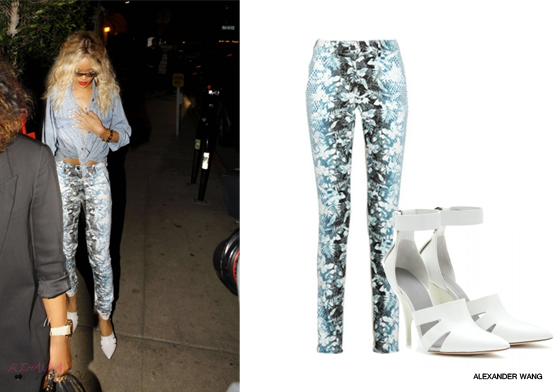 Rihanna showing her love for denim again on Friday spotted with her best pal Melissa arriving at Giorgio Baldi restaurant, LA in a printed Alexander Wang floral jeans ($532.00) and also rocking a pair of white joan pumps ($765.00) by the same designer.