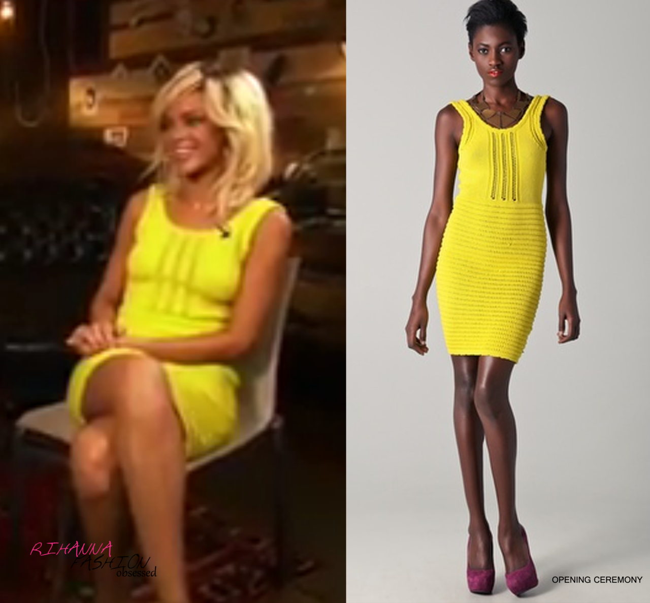 Rihanna apperared on Access Hollywood a few weeks back in a bright yellow Spongy Knit Mini Dress by Opening Ceremony.

