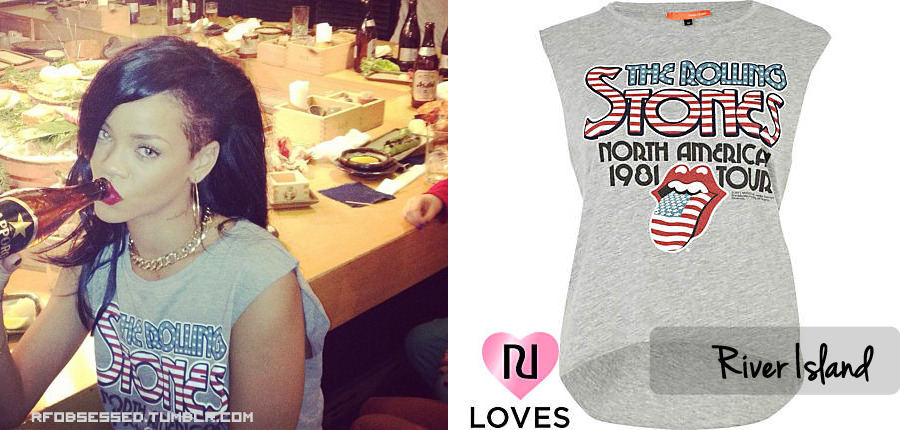 Rihanna debuted her new jet black hair-do on her Instagram page  &amp; went shopping in Tokyo, Japan,  wearing a sleeveless Rolling Stone&#8217;s t-shirt from River Island which is currently available on their site for purchase for £20.00. 