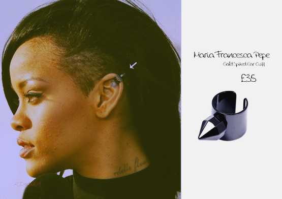 Continued post: Rihanna in Japan during the premier of Battleship with a little accessory on her ear by Maria Francesca Pepe available from avenue.com for £32.00 ($55.56).