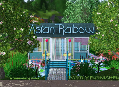 /Yeah, I know, I lost N in text on the picture/
Asian Rainbow - PARTLY FURNISHED
~~I&#8217;ve built this house some time ago. I was going to put it up for download, but it was too big (file). I deleted some furniture (or it dissapear by itself (Some time ago I&#8217;ve deleted some CC, that&#8217;s why)) and now I&#8217;m putting it up.It&#8217;s partly furnished so it means that rooms are not fully furnished, so you&#8217;ll have to add for ex. tv, bed, fridge etc.
~~Lot size: 20X15
- Small patio- 1 bathroom- 1 kitchen- 1 dining- 1 bedroom- garden is filled up with water.
YOU NEED YOUR GAME TO BE UPDATED TO 1.31 PATCH OR NEWERHOUSE CONTAINS CC WHICH IS NECESSARY TO SEE HOUSE PROPERLY
~~More screenshots HEREScreenshot were taken some time ago and now house doesn&#8217;t look exactly like on screenshots.
Download house (CC INCLUDED) —&gt; [MEDIAFIRE]
For some reasons wallpaper from bedroom is not included, so get the wallpaper here