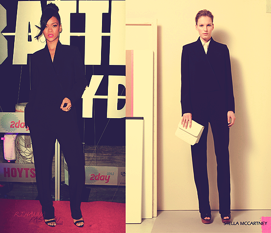 Rihanna during the Battleship in Sydney,Australia in all in one black suit by designer Stella McCartney from the pre fall 2012 collection. She was also seen in a pair of Manolo Blahnik black sandal heels.