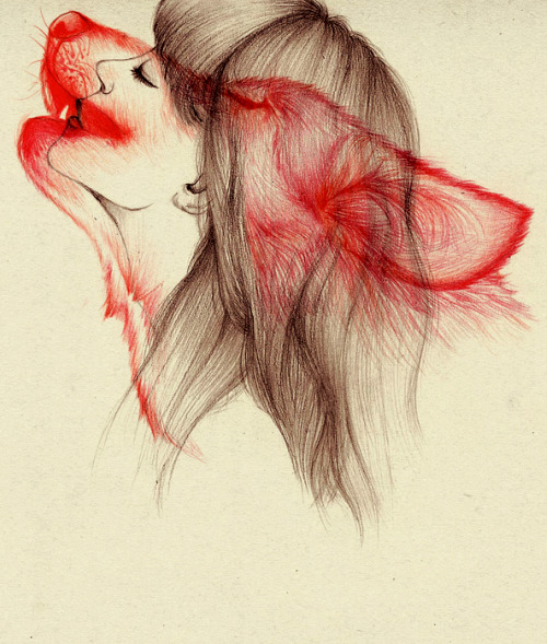 drawing art girl wolf beautiful headdurr •