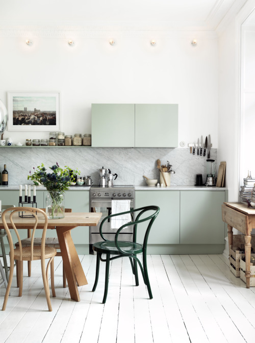 apartmentdiet:

fromscandinaviawithlove:

A home in Sweden.
Photo by Petra Bindel.

This is the green I had in mind for the kitchen cabinets…now that I see it, I’m even more convinced! :-)
