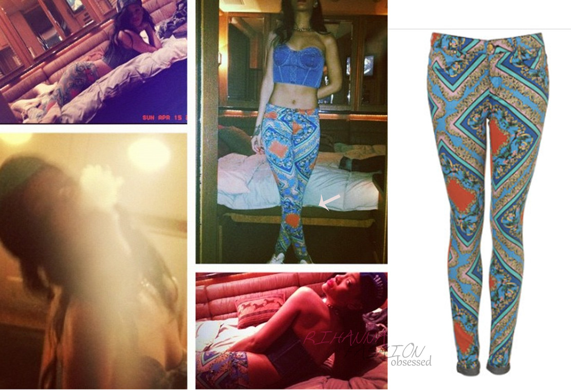 Rihanna shared a pic of herself on instagram before or after the Coachella festival in a denim bralet and a pair of Moto Baroque print skinny jeans available from Topshop for £40.00. Click HERE to view