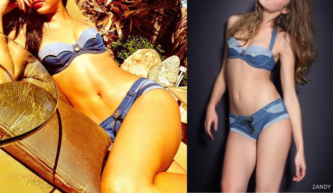 More pics from Rihanna&#8217;s instagram page this time she&#8217;s in a bikini, while in California. She&#8217;s seen in a blue denim 70&#8217;s inspired daisy duke bikini (Zandy)  by agent provocateur. Both bikini top and bottom available from agent provocateur.com. Prices rages between £110-£135 ($174.32- £212.94). Click HERE to view