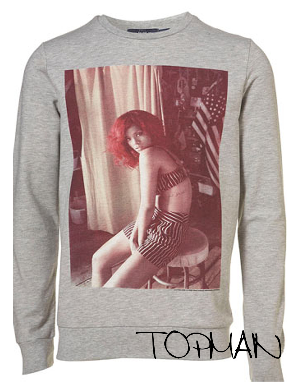 Grey Rihanna print sweatshirt from Topman for £32.00 ($60.00). Available on their main site HERE
Thanks to talkthatfuckingtalk for the info :)