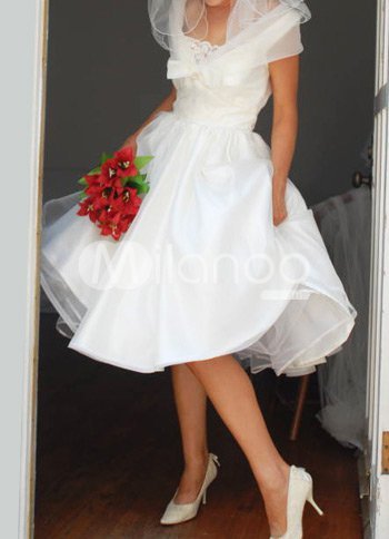 White Tea Length Taffeta Mini Wedding Dress tea length mini wedding dress
