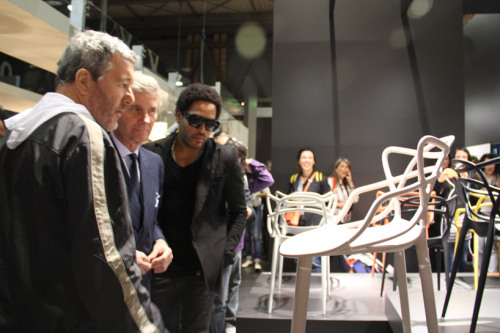 Philippe Starck, Lenny Kravitz and Claudio Luti, CEO of Kartell, this week at the Salone de Mobile in Milan.