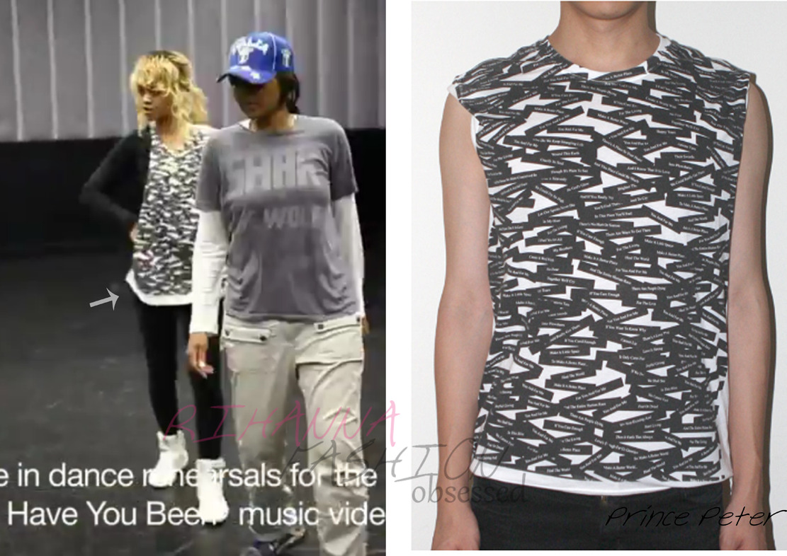 Rihanna shared a video on facebook practicing some moves for her next music video and next single where have you been, spotted wearing a Prince Peter screen print shirt ($75.00). This shirt contains the lyrics of Michael Jackson&#8217;s hit single &#8216;Heal the world&#8217;. She was also spotted wearing the same shirt 3 years ago (seen in image below):

View Prince Peters collection HERE