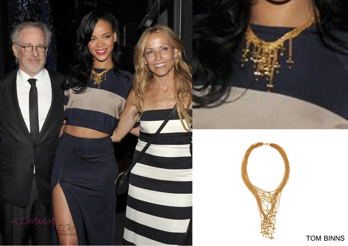 Rihanna in Adam Selman: Rihanna with Sheryl Crow and Steven Spilberg during the 15th Annual &#8220;An Unforgettable Evening&#8221; Benefiting EIF&#8217;s Women&#8217;s Cancer Research Fund held at The Beverly Hilton Hotel on April 18. In a custom made blue navy stripe crop top and a high waisted skirt with a slit detail on the side designed by Adam Selman. She also accessorised with a gold cross detail charm chain by Jewellery designer Tom binns. Both Adam Selman and Tom Binns collaborated together to create a costume for Rihanna, most of you will remember her glow in the dark painted swarovski bikini during the LOUD tour last year.

Rihanna made an appearance on a Japan music show early this month. Skirt and top also designed by Adam Selman
